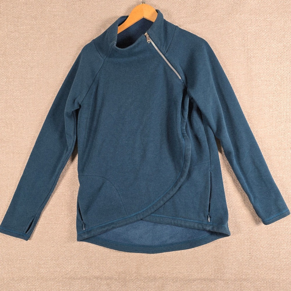 Athleta Cozy Karma Asym Pullover Teal Blue Fleece Sweatshirt Size Medium